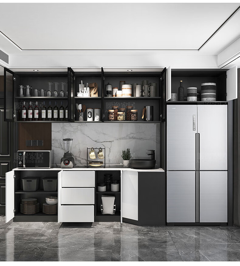 冰箱嵌入式餐边柜 餐边柜酒柜一体靠墙到顶嵌入式冰箱柜边柜组合客