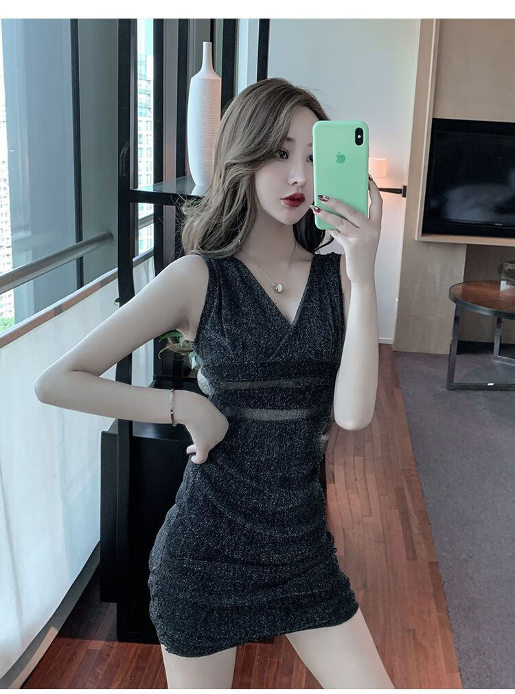 夜店女装夜场秋夏季性感主播衣服低胸v领显胸紧身包臀酒吧连衣裙红色s