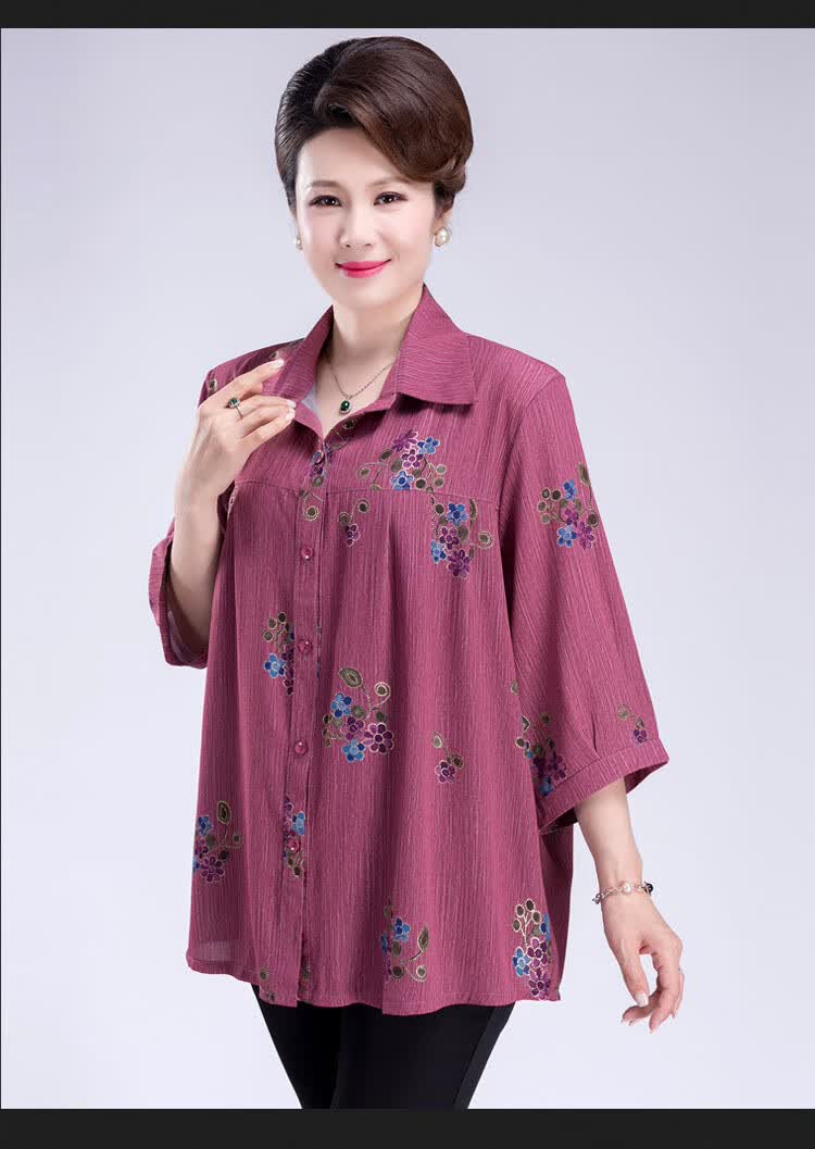 200斤3加肥胖太太妈妈装短袖衬衫中老年女装 翻领紫红色 xl【80-品牌