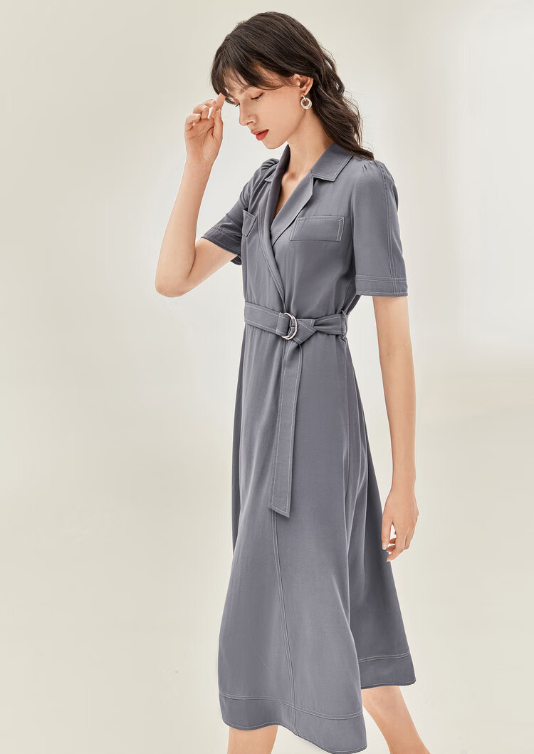 对白2021夏季新品女装短袖西装式连衣裙女v领高腰开叉裙收腰工装裙女