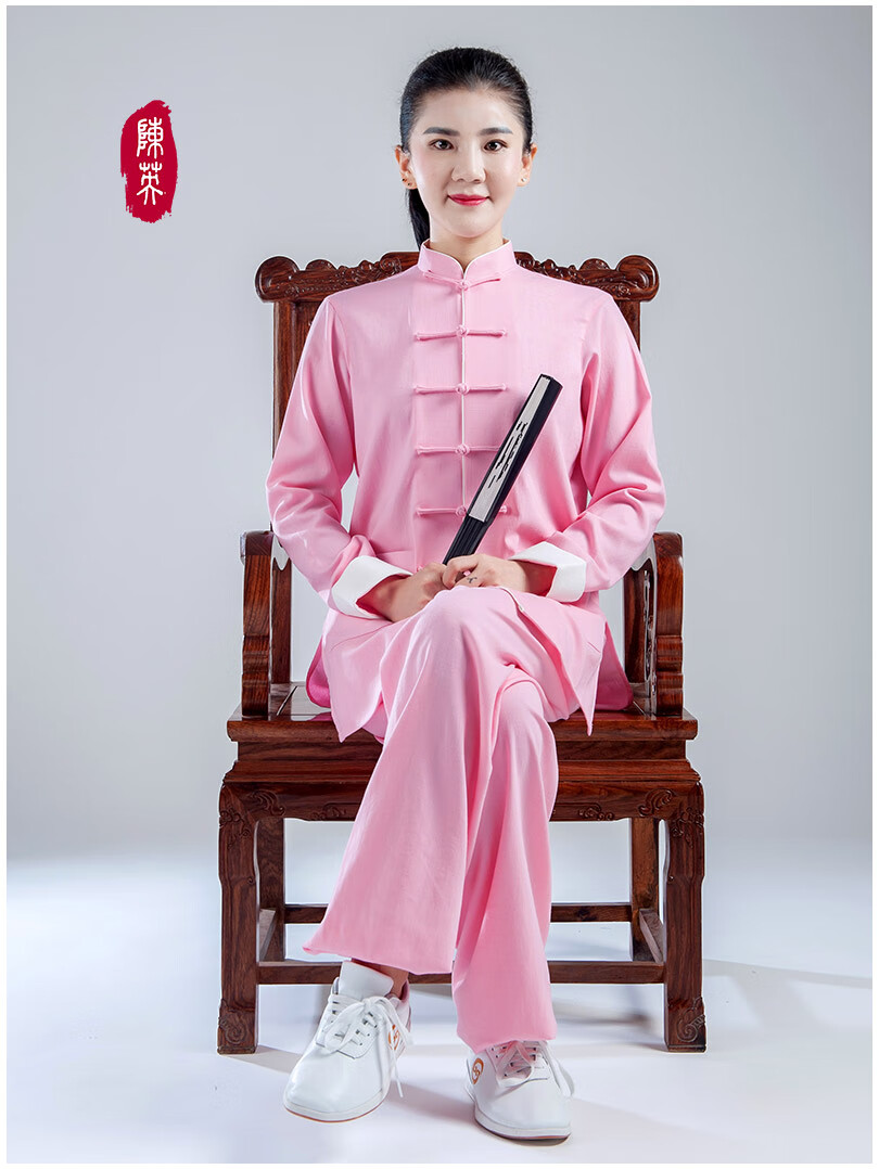 陈英太极服女春夏秋季棉麻武术表演晨练功服中国风太极拳服装男 枣红