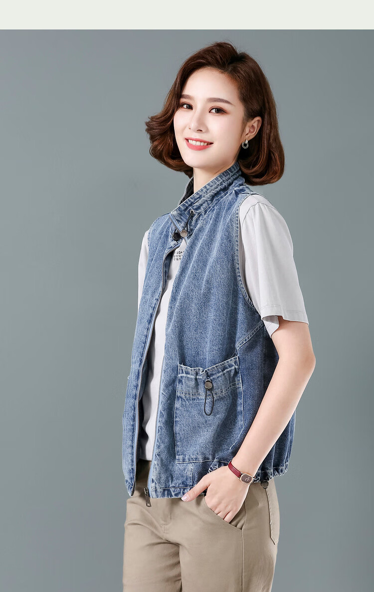 纯棉马甲女2020早秋新款牛仔短款抽绳立领外穿大码舒适透气简洁时尚