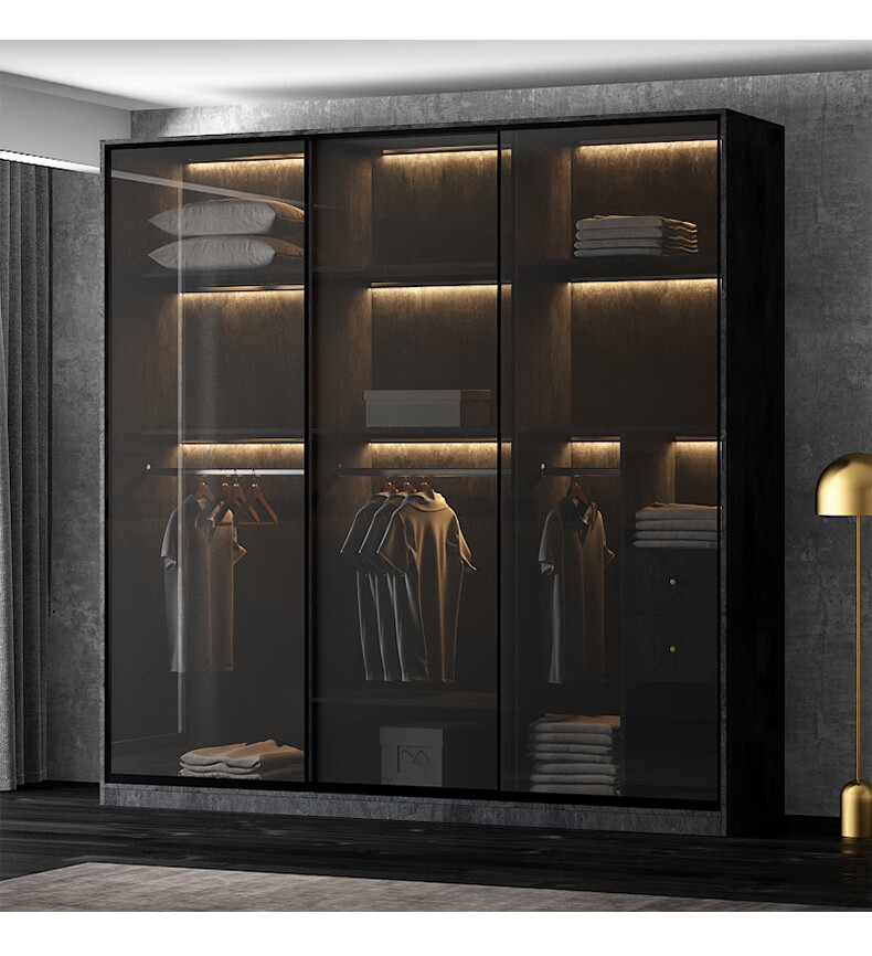 实木推拉门衣柜轻奢极简玻璃门家用衣柜滑门卧室整体衣橱定制简约大