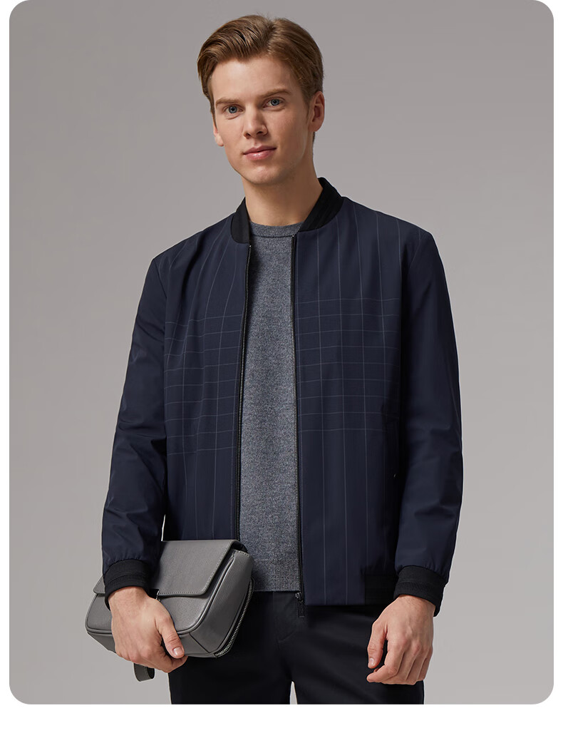 九牧王男装夹克男秋冬季新款标准棒球领青年男士格纹外套休闲茄客上衣