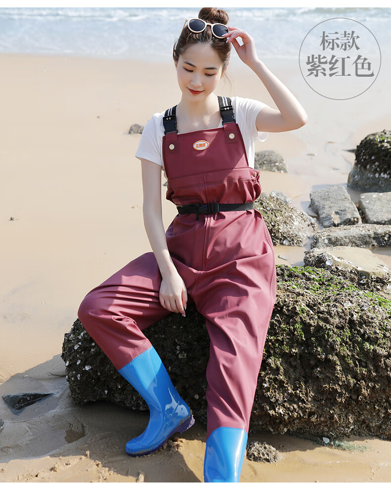 下水裤带雨鞋的连体裤女士半身抓捕鱼沙滩防水雨裤男女儿童赶海涉水
