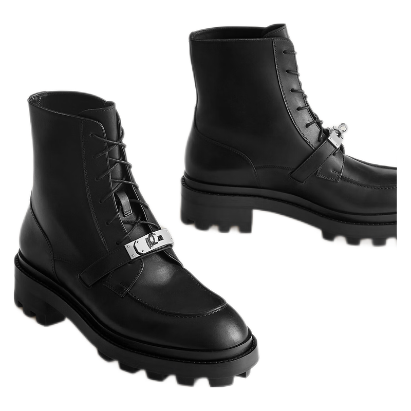 爱马仕(hermes)小牛皮踝靴厚底鞋凯利搭扣秋冬新款 男士中长款马丁靴