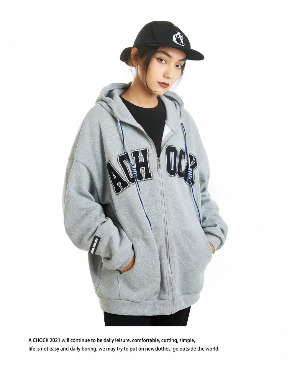 achock国潮复古基础拉链抽绳字母刺绣卫衣宽松休闲连帽开衫卫衣男【抖