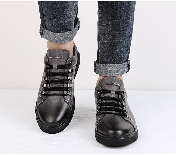 男鞋运动休闲鞋加绒真皮磨砂皮板鞋隐形内增高6cm皮鞋男潮鞋 黑色 38