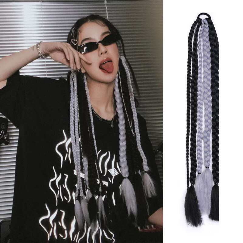 2022新款假发脏辫女粗马尾黑色粉色大辫子网红同款绑带式发饰时尚民族