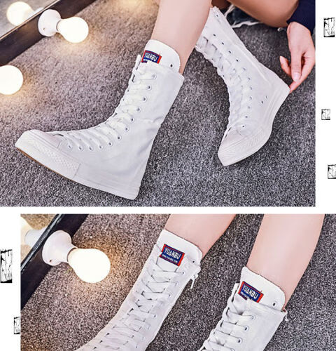 长筒款女帆布鞋春季中腰鞋子拉链大码高筒潮靴子平底百搭高帮休闲黑鞋