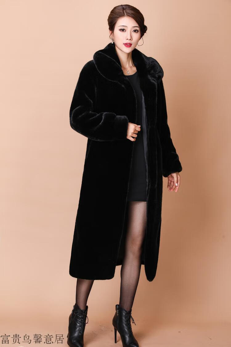 富贵鸟 貂皮大衣女整貂海宁进口水貂毛貂绒外套中老年天鹅绒皮草 黑色