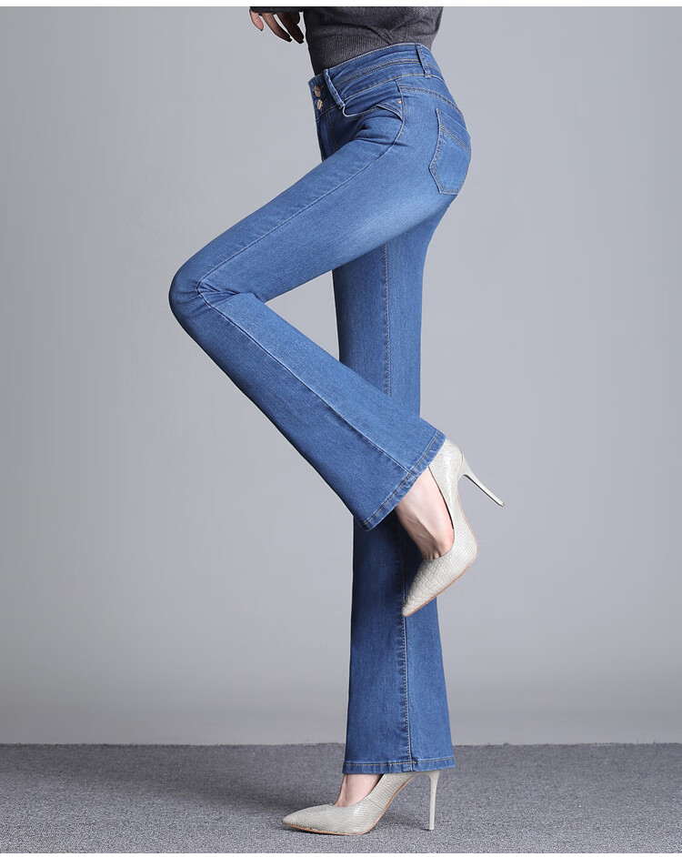 微喇叭八加绒加厚高腰显瘦保暖牛仔裤秋冬季女士长裤大码宽松 中蓝色