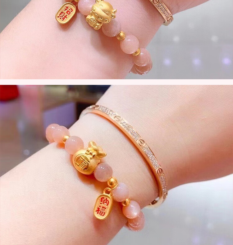 纯福黄金 招财猫转运珠手链999足金生肖牛太阳石手串3d硬金纯金小金珠