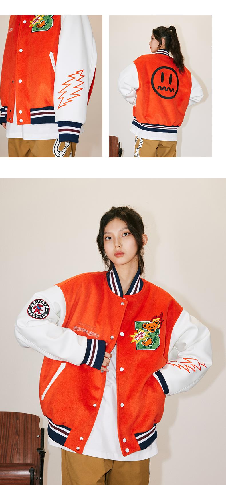 国潮专营beastergratefuldead联名跳舞小熊撞色拼接夹克复古印花棒球
