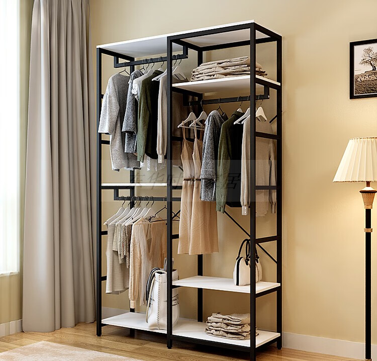 出租屋衣柜卧室出租屋置物柜全钢架开放式三面帘子衣柜金属衣帽间挂
