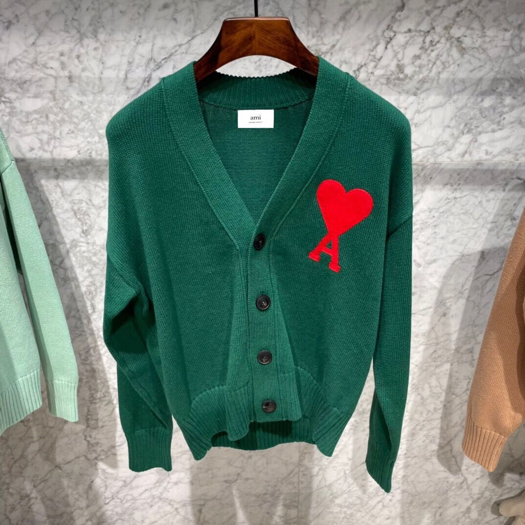 正确版本ami开衫爱心字母桃心a刺绣红心针织衫v领秋冬毛衣 2106深绿色