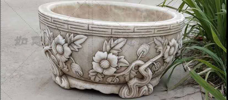 仿古石雕花盆汉白玉旧石缸古盆室内会所养鱼盆室外庭院石头盆摆件k款