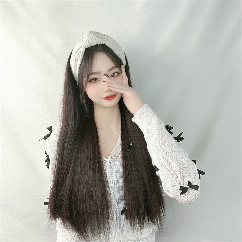 直发一体式半头套网红同款高温丝长发片批发 黑色假发 粉色发箍【图片