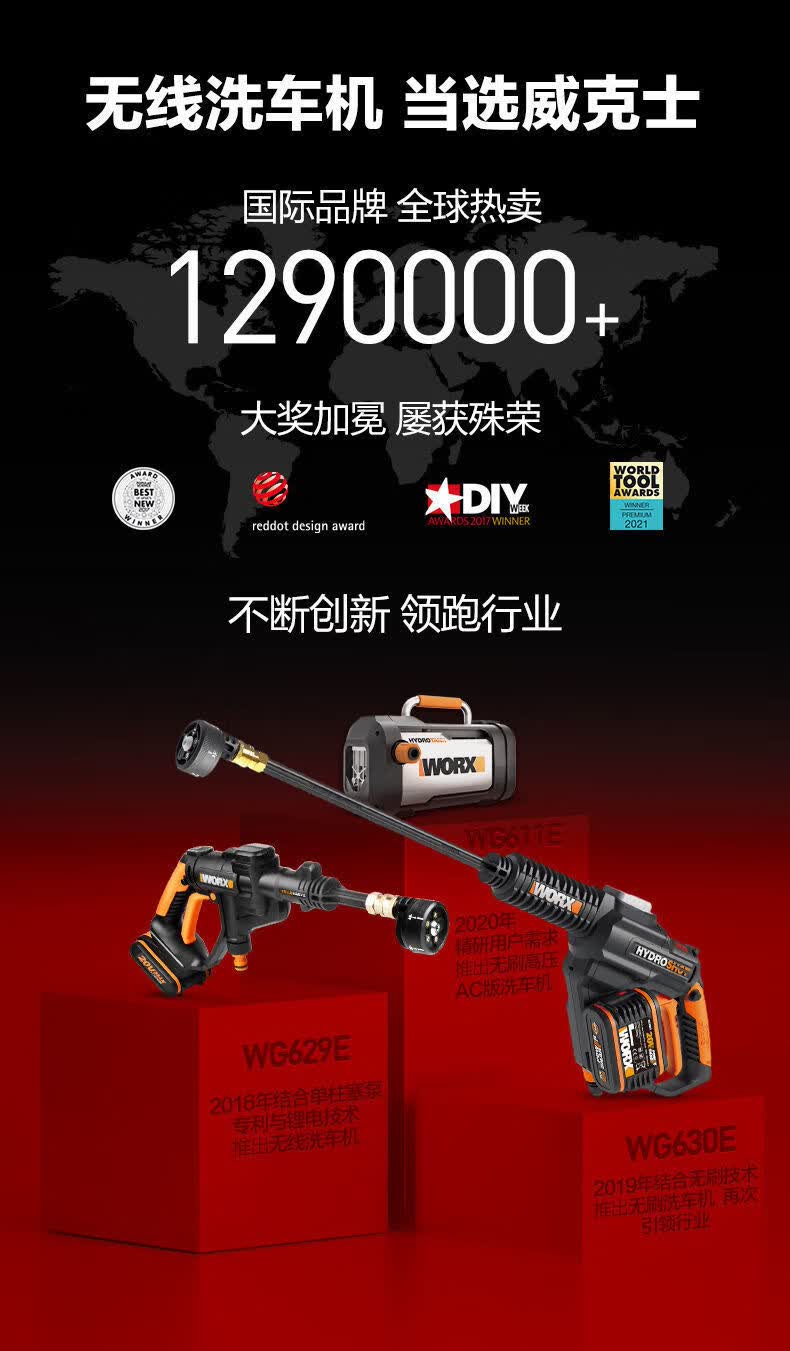 威克士高压无线洗车机wg630e无刷锂电清洗机充电式便携式洗车神器wg