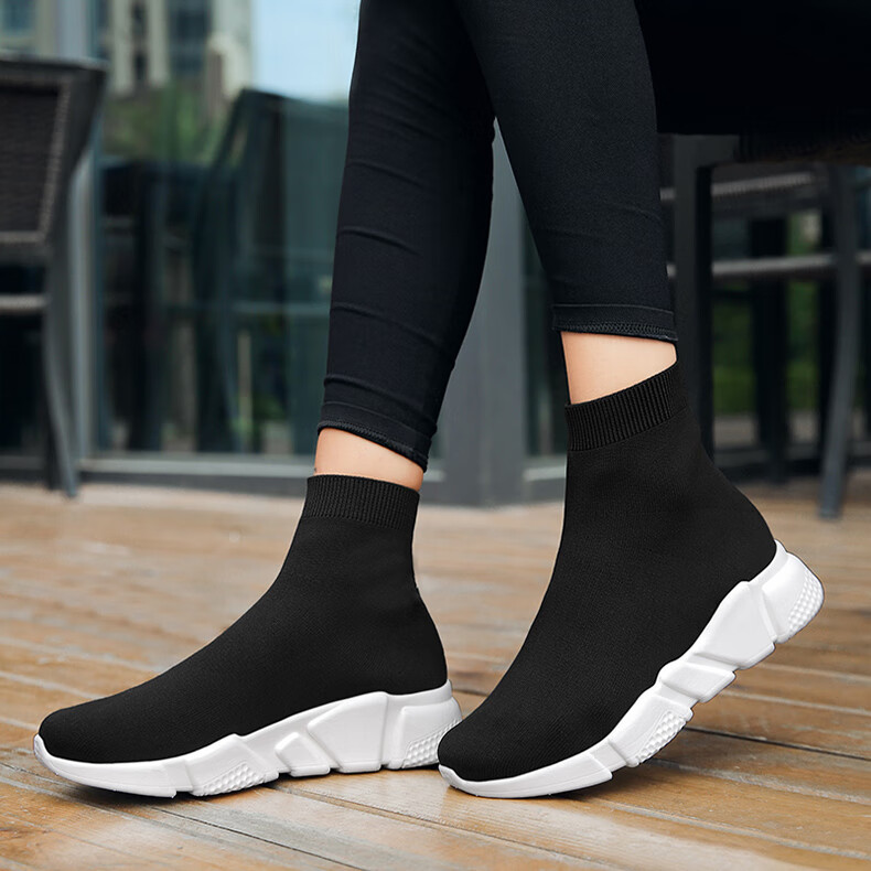 【新品】弹力袜鞋女高帮袜子鞋春秋黑色运动鞋百搭高腰袜靴轻便全黑靴