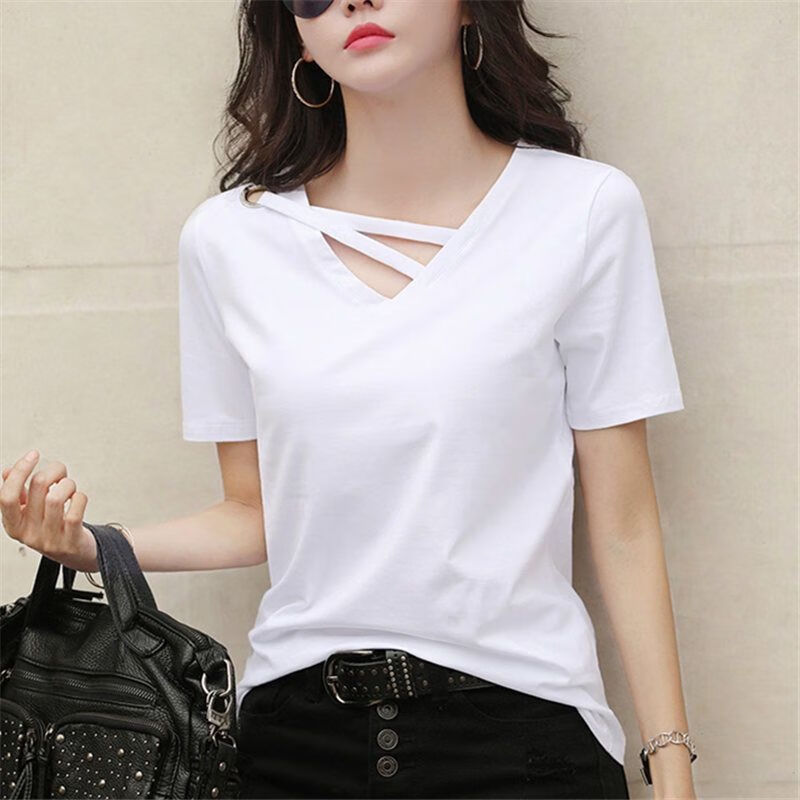 含棉 单/两件装夏季新款纯色v领短袖t恤女百搭半袖上衣服 绿色 黄色