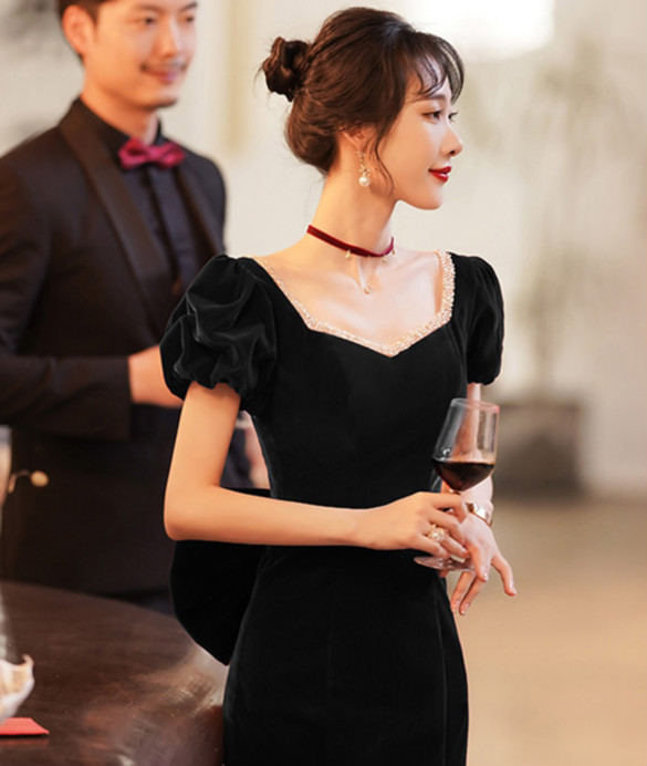 鱼尾平时可穿小个子黑色礼服宴会季主持人鱼尾丝绒生日连衣裙轻奢小众