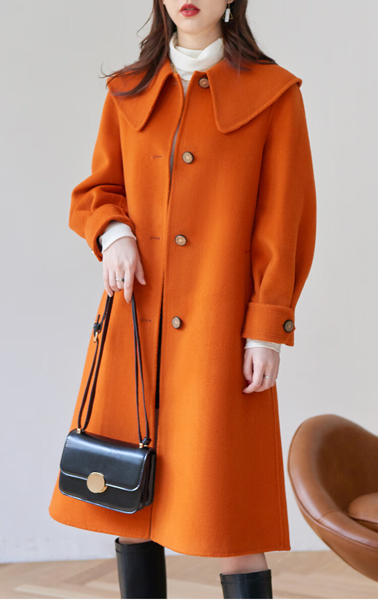 糖果色大衣双面毛呢大到新款海军娃娃领中长款南瓜色双面呢x609南瓜色