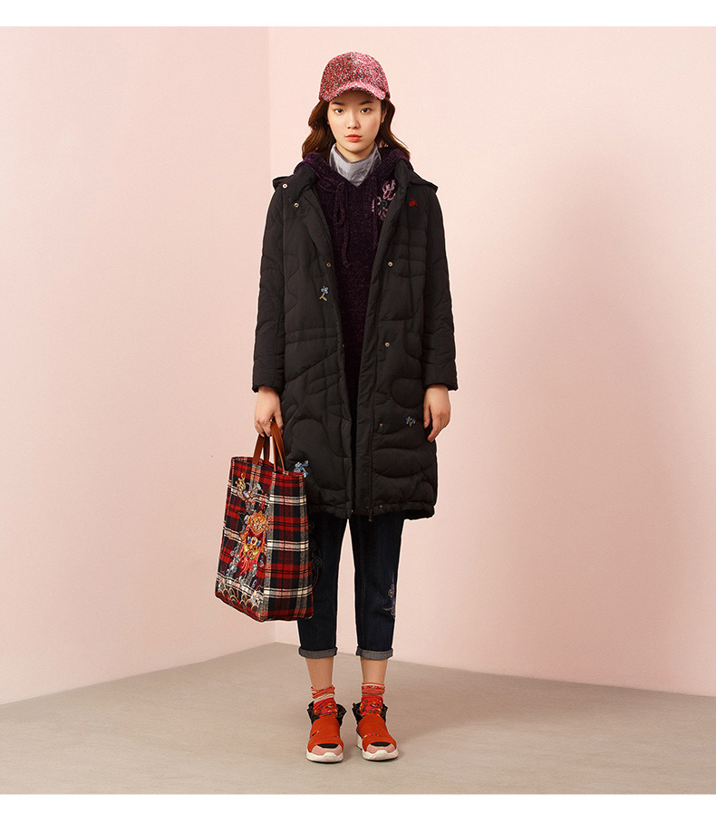 渔牌羽绒服2020年新款女冬h型连帽长款防风保暖羽绒外套黑18096axxl