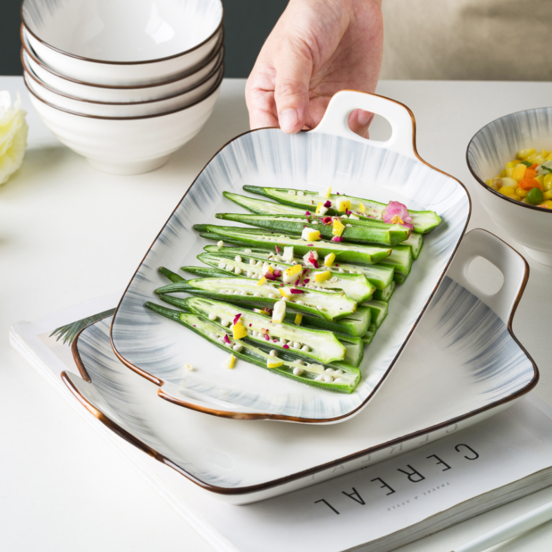 北欧风小清新盘子家用炒菜盘子创意餐具方形碟子餐盘陶瓷鱼盘菜碟