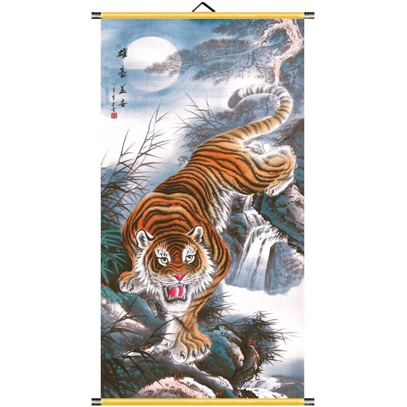 上山虎下山虎卷轴挂画中堂画老虎猛虎下山布艺玄关装饰画竖版定做双虎
