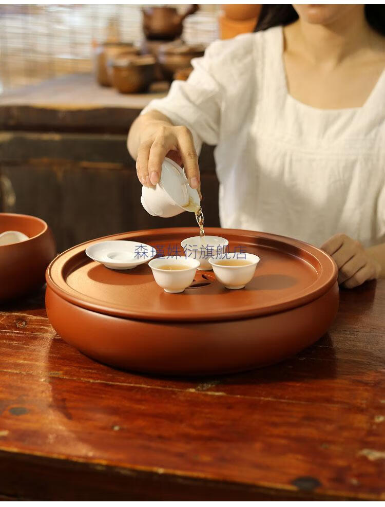 手拉紫砂茶船壶承朱泥功夫茶盘圆形大号10寸家用茶台蓄水茶海7寸茶船