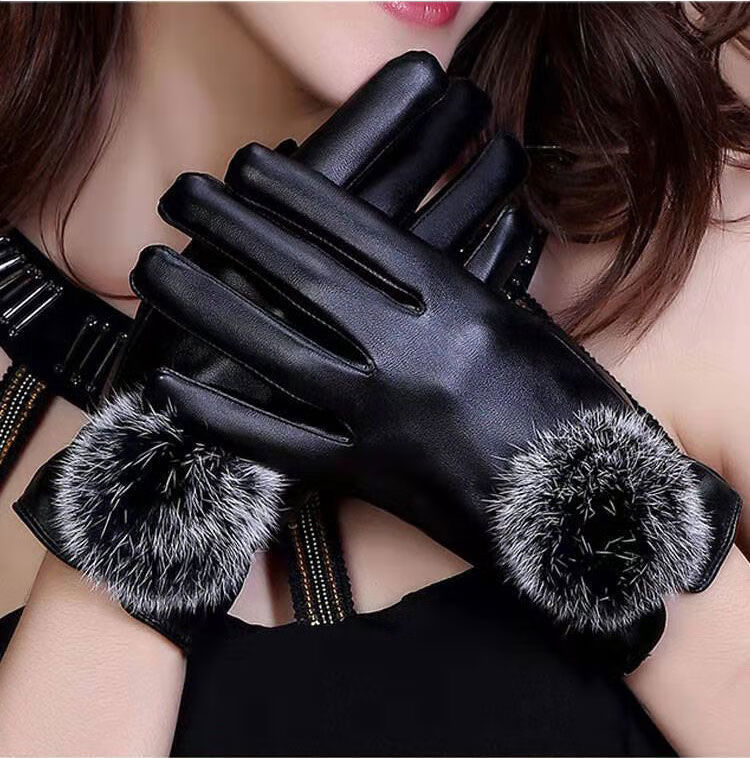 手套女皮质皮手套女冬加绒加厚可爱仿獭兔毛口女士皮手套秋冬季保暖