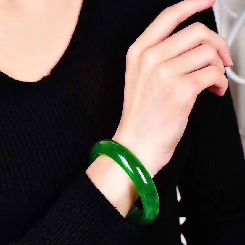 珍韵缘缅甸翡翠手镯冰糯种满绿绿玉镯子民族风玉带证书55mm圆条