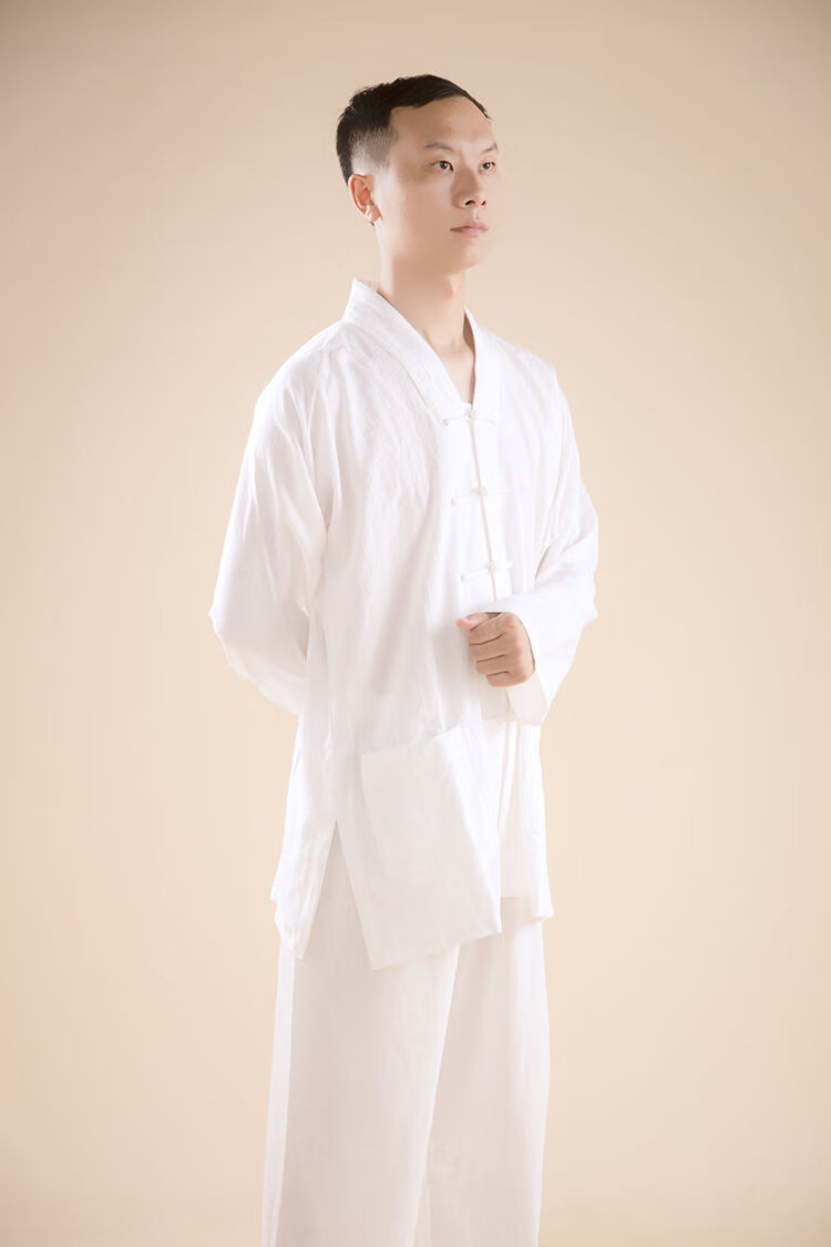 道士服装太极练功服全套对襟三宝领三清领中褂男女款白色套装薄春夏秋