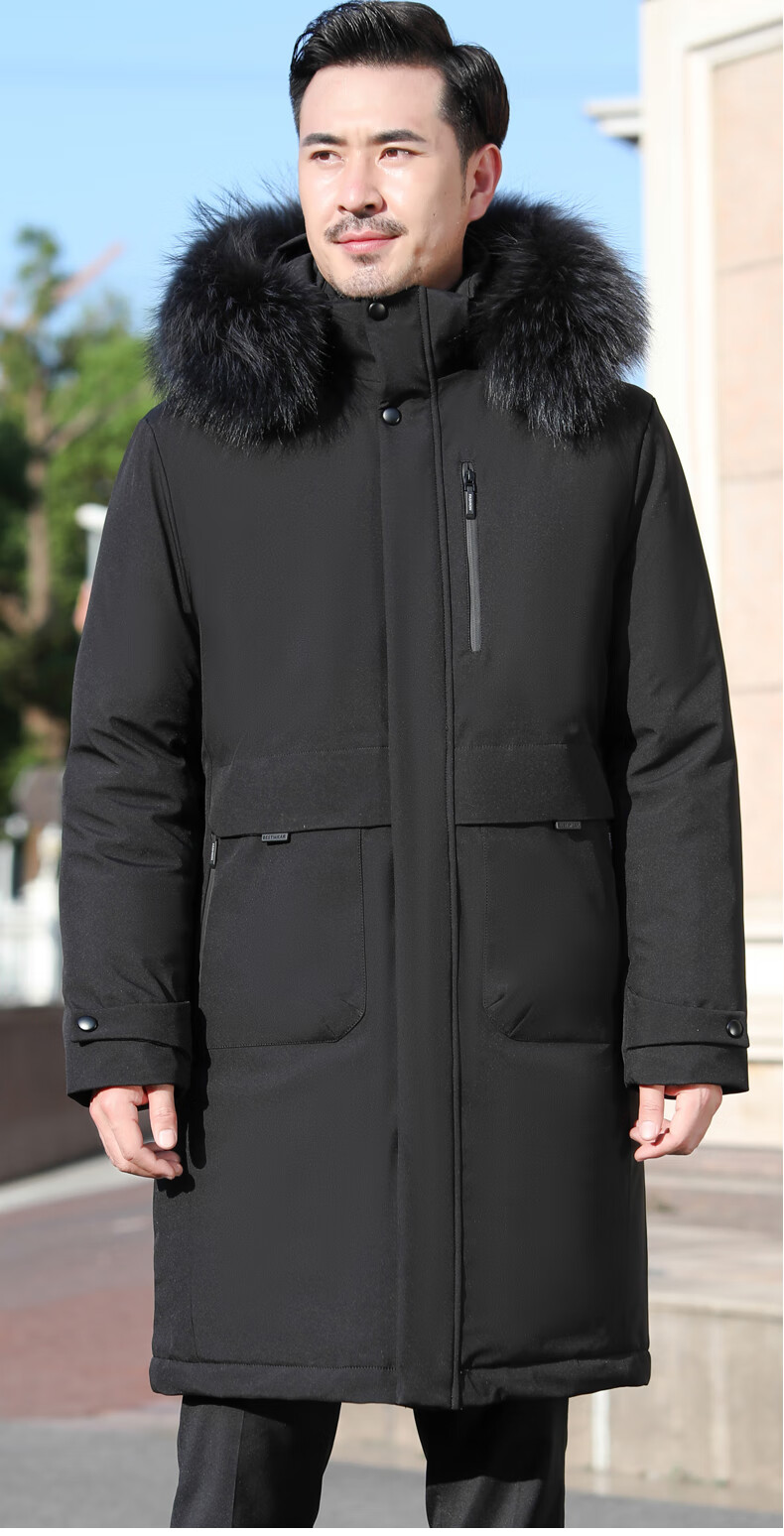 恒源祥品牌男装中年服男长款过膝白鸭绒派克服可脱卸内胆爸爸冬装外套