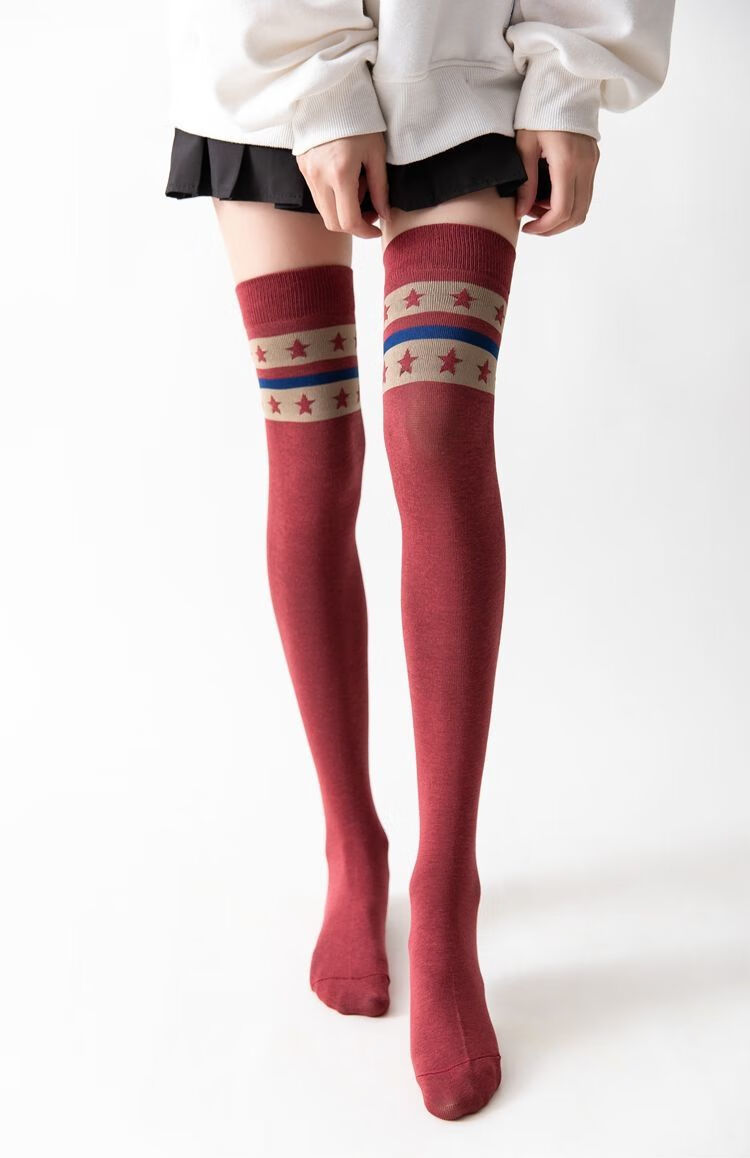 【好品质女士长袜美腿袜】少女过膝袜薄款亮色星星纹长筒袜韩版学院风