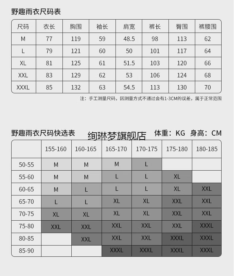 雨衣尺码表图片