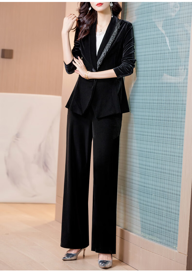 套装女秋冬气质总裁小西服高端职业装修身丝绒外套 黑色【外套 裤子】