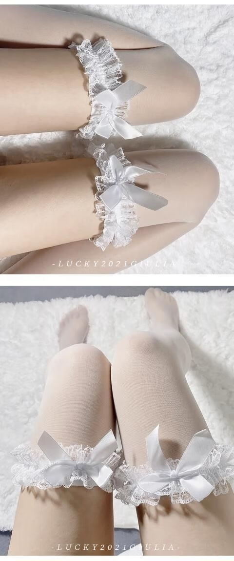 日系性感蕾丝黑白色丝袜蝴蝶结jk中长筒免脱仙女美腿制服大腿袜情趣