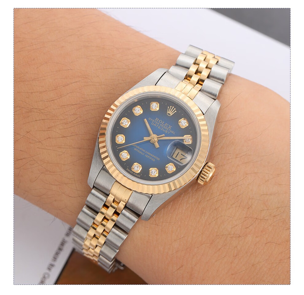 【二手95新】劳力士女装日志型系列69173后改渐变蓝盘18k黄金精钢自动