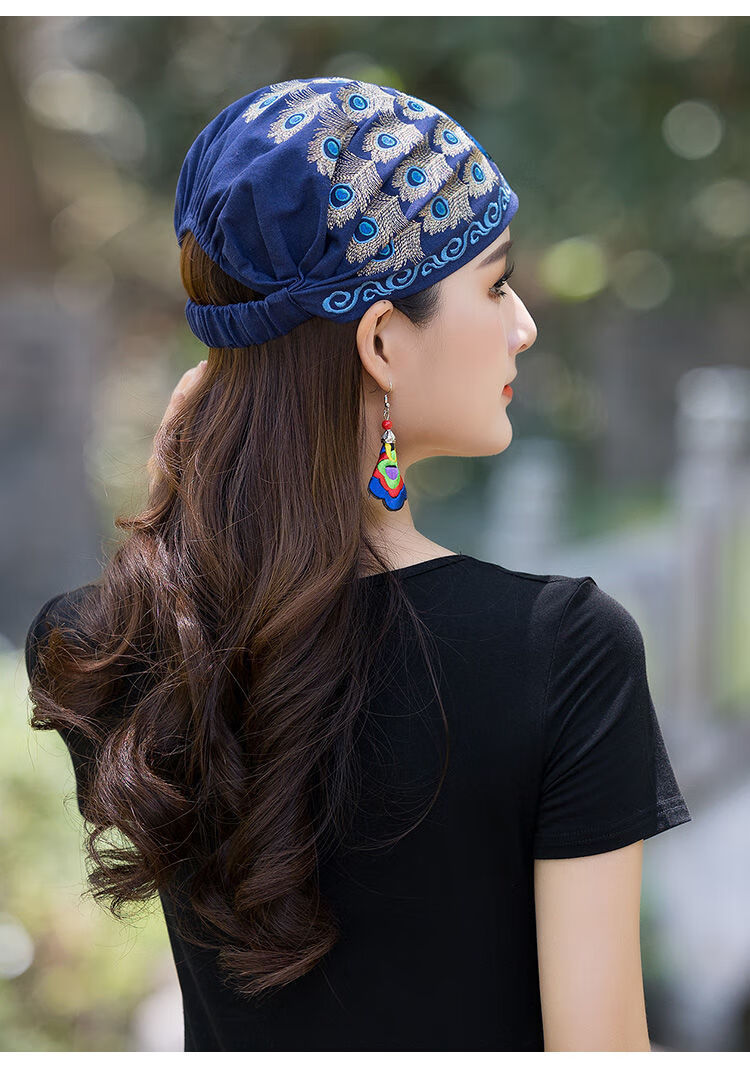 绣花头巾帽子发箍女民族风绣花头巾头箍刺绣发帽松紧发带发饰孔雀女