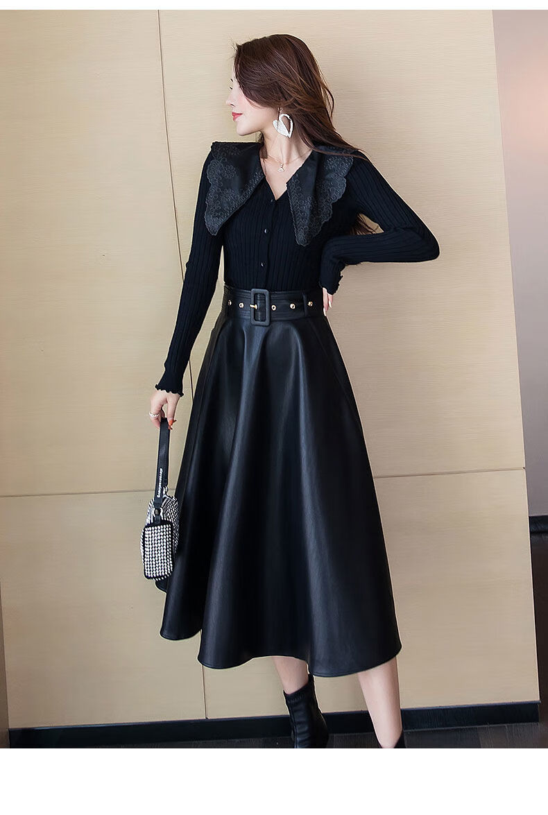 裙子半身裙秋超火显瘦大摆字裙高腰伞裙秋冬半裙黑色腰带s建议100斤