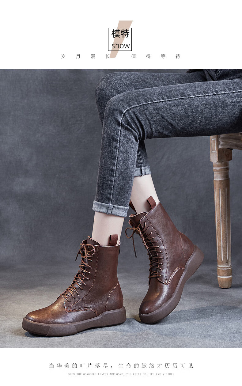 少女短靴学生中筒靴女平底秋冬季鞋子保暖半桶靴真皮马丁靴女生英伦风