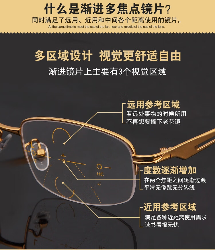 平光老光眼镜男高清自动变焦远近两用一体老花镜老年人眼镜8221金色75