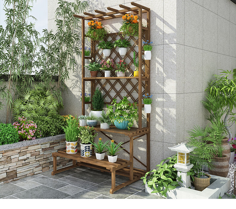防腐木庭院阳台花架置物架实木落地式多层花架子室外户外花盆架子