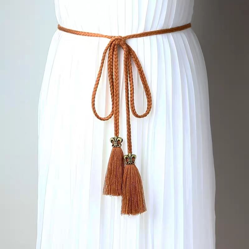 征涩新款本命年虎年红腰绳女简约棉绳编织女士裙子腰链装饰流苏休闲