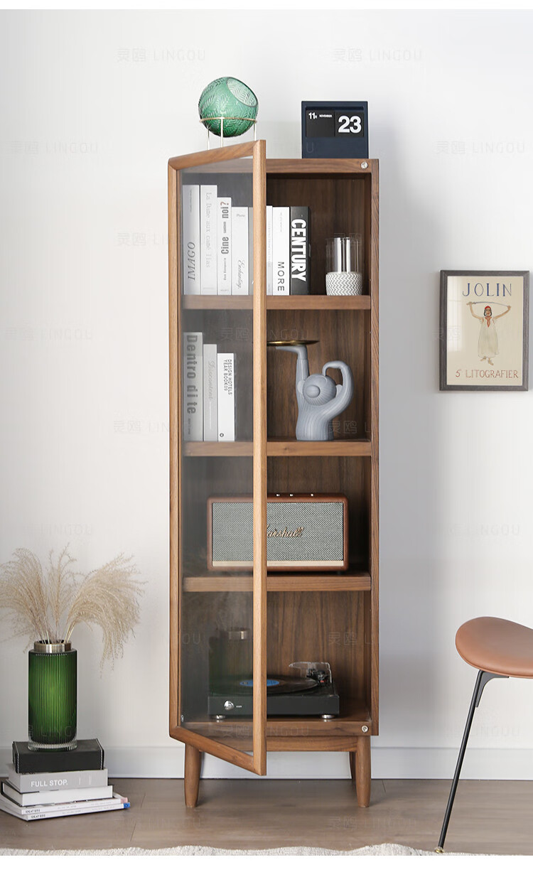 灵鸥黑胡桃木实木书柜北欧简约书房玻璃门书柜客厅小柜子边柜北欧储物