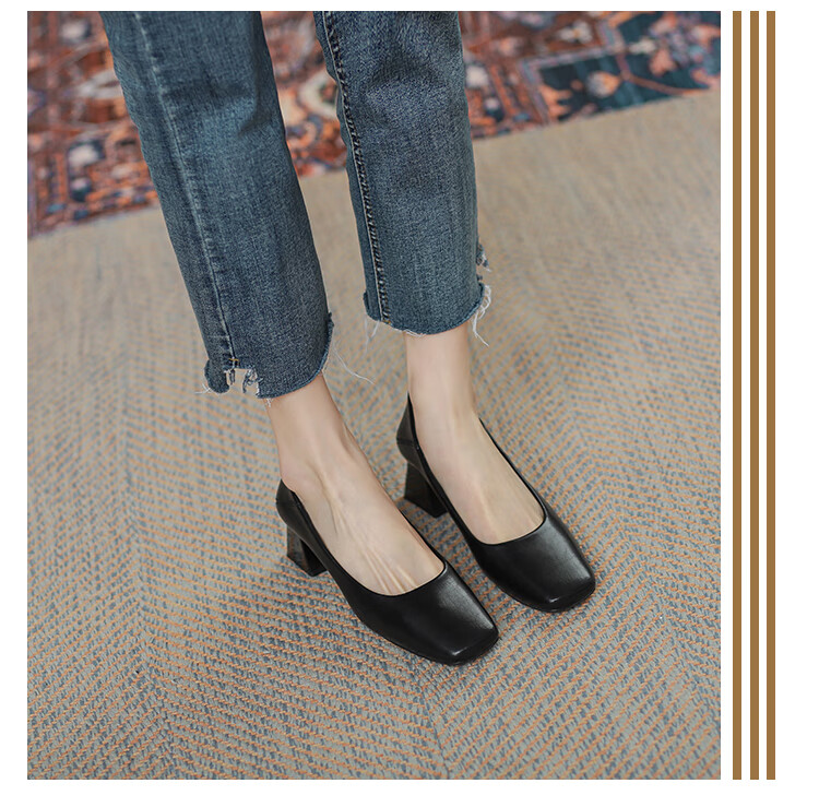女士瓢鞋高跟软真皮法式气质方头软皮鞋职业工作鞋粗跟仙女夏季单鞋女