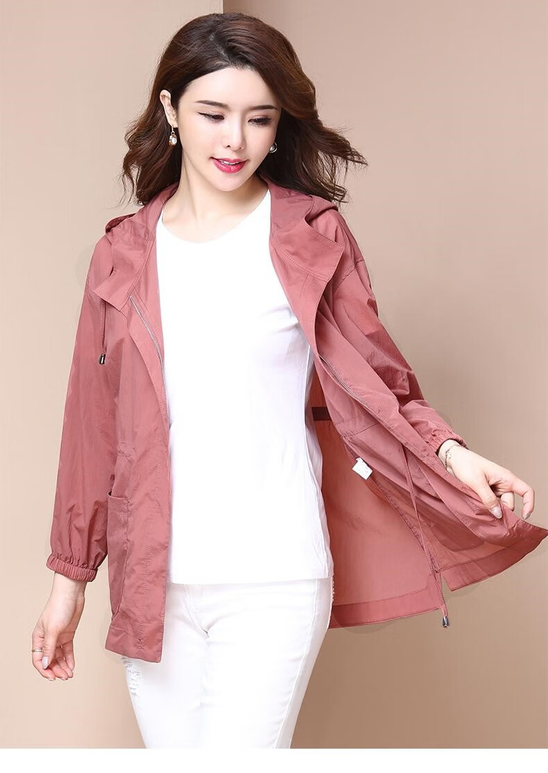 宽松百搭洋气妈妈风衣防晒薄外套防嗮衣服防绣红色抽绳款m建议8095斤
