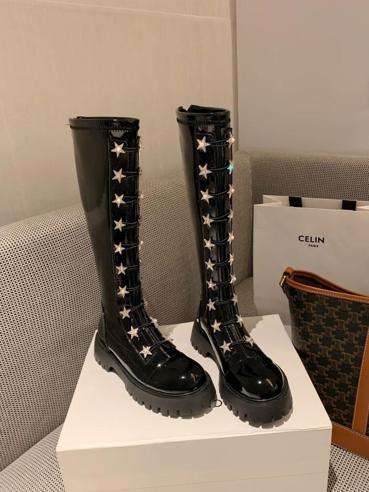 fgacct2021秋冬漆皮高筒靴女厚底松糕显瘦骑士靴ins潮星星水钻不过膝